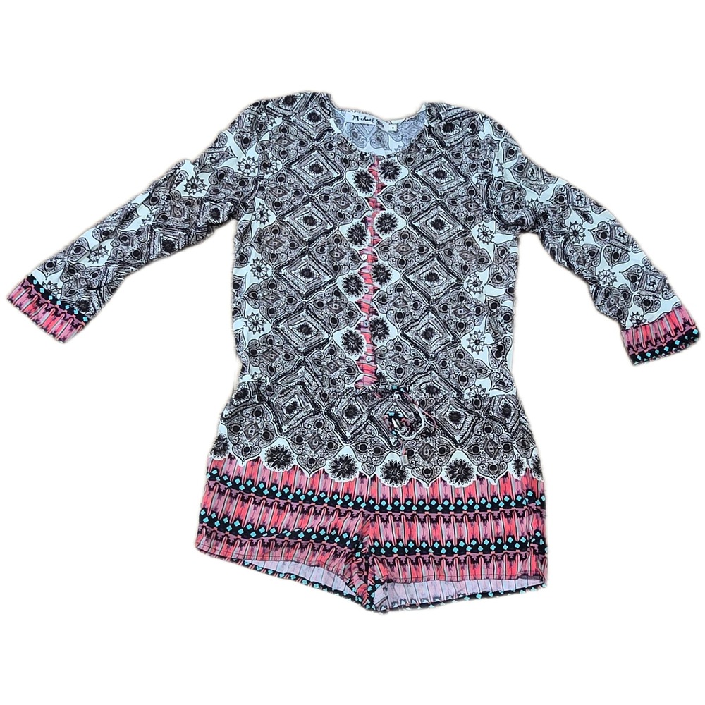Michael Stars Womens Long Sleeve Romperโ Paisley Boho Print Pink Black Size M